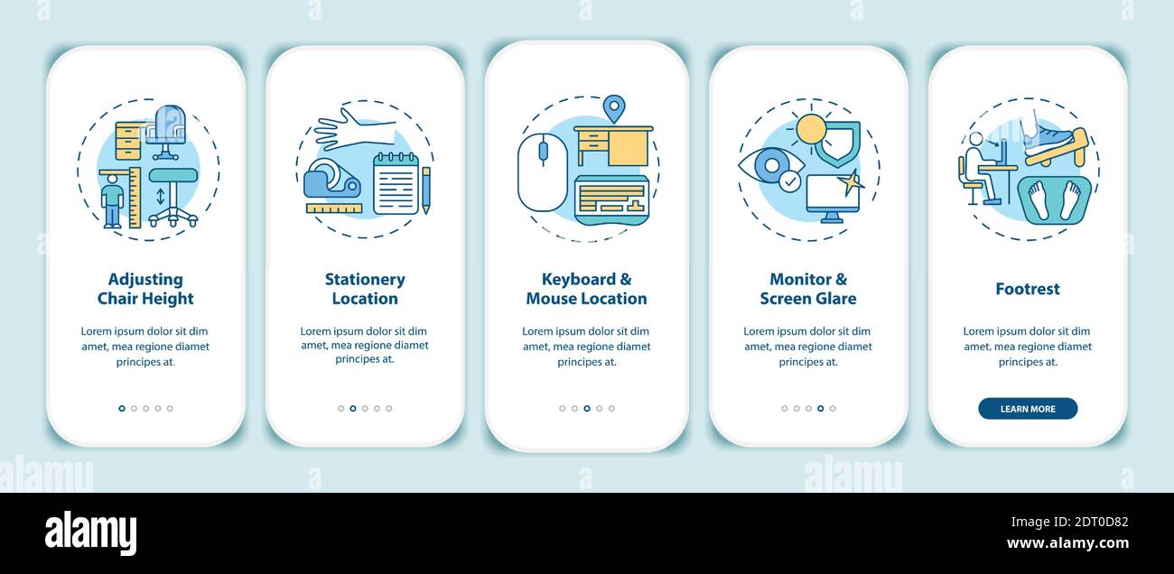 Office ergonomics tips onboarding mobile app page screen with concepts Stock Vector