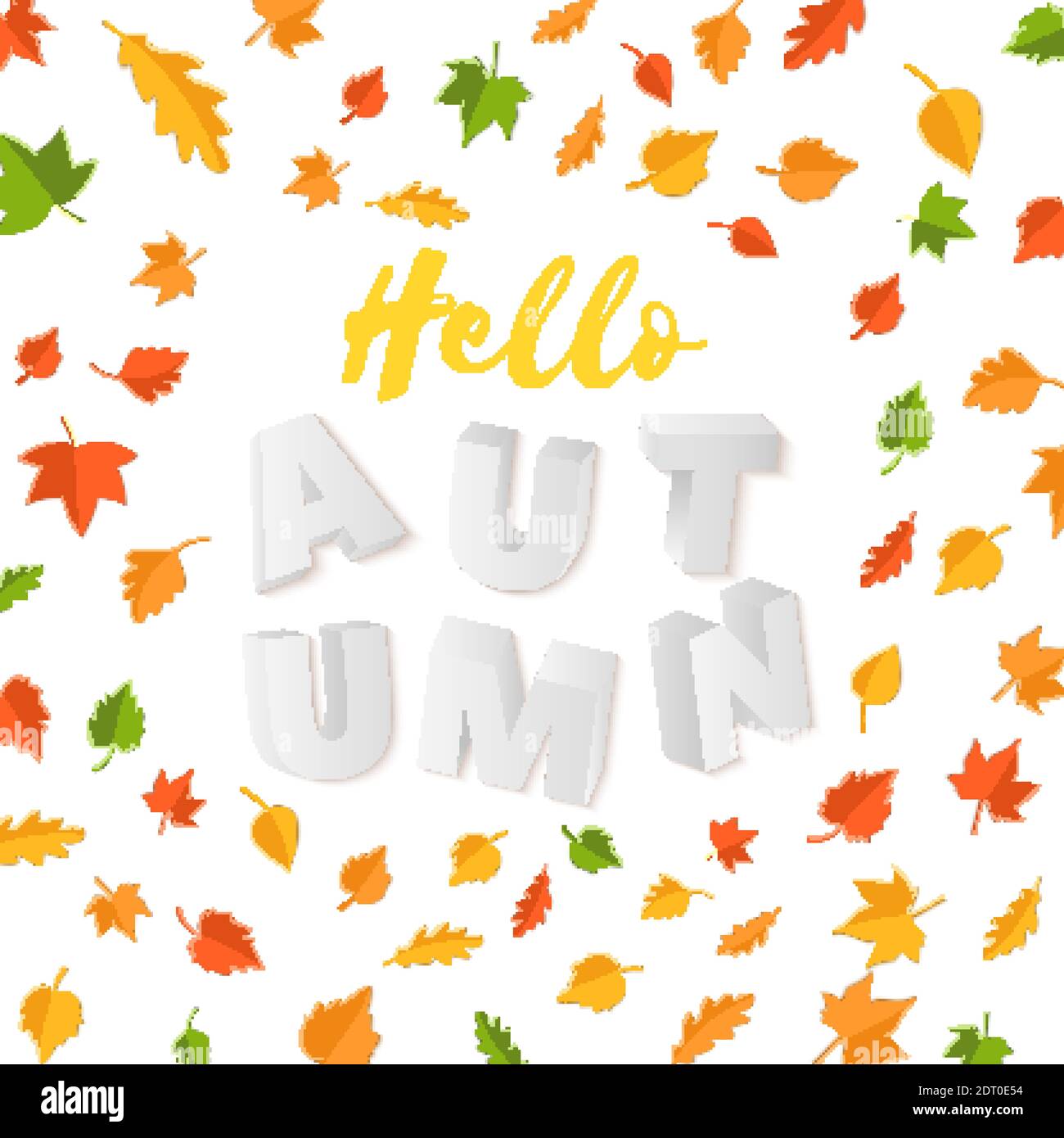Word AUTUMN composition with green yellow red leaves on white ...