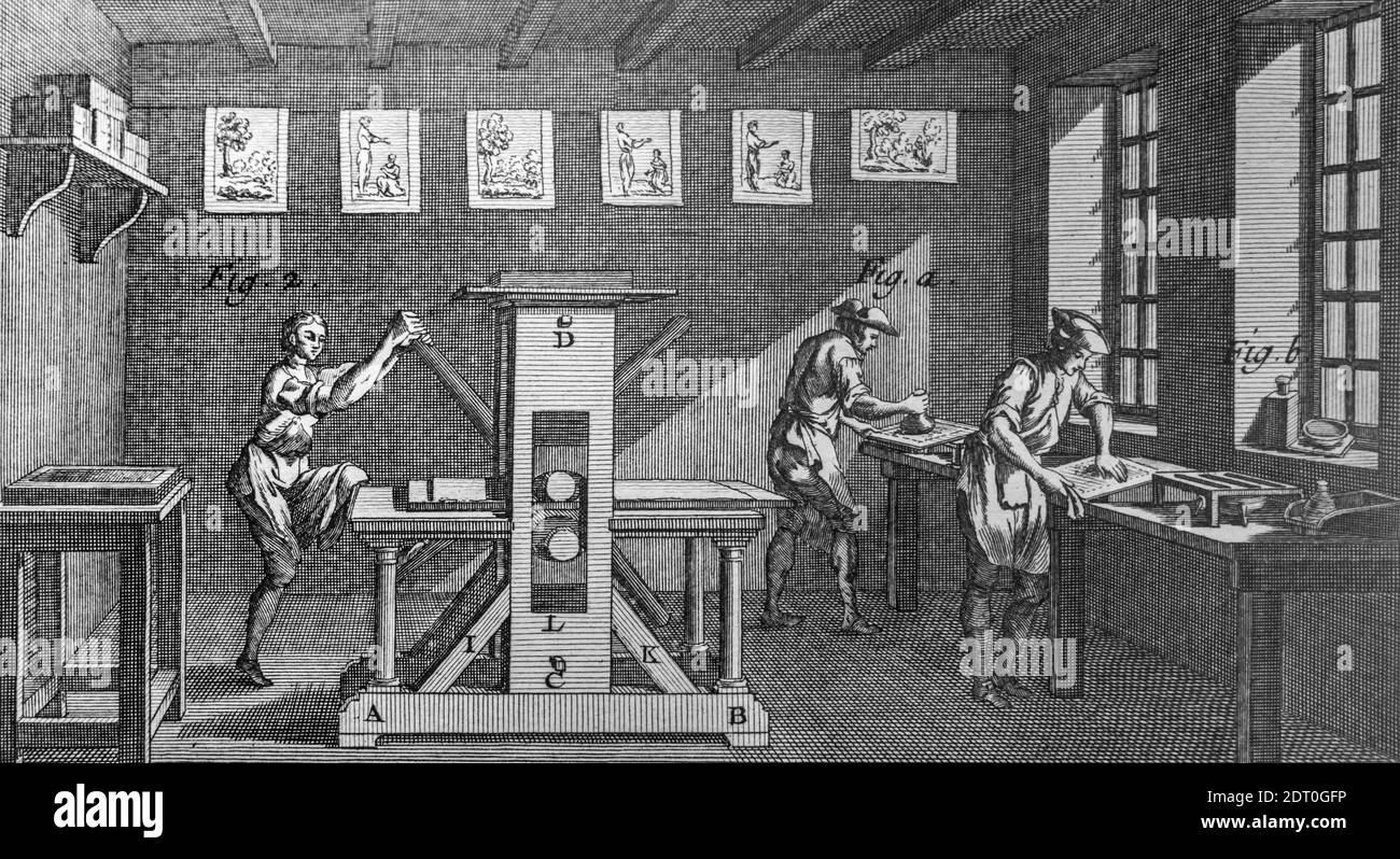 18th century printers working with Intaglio press for copper-plate / copperplate printing in print shop / pressroom Stock Photo