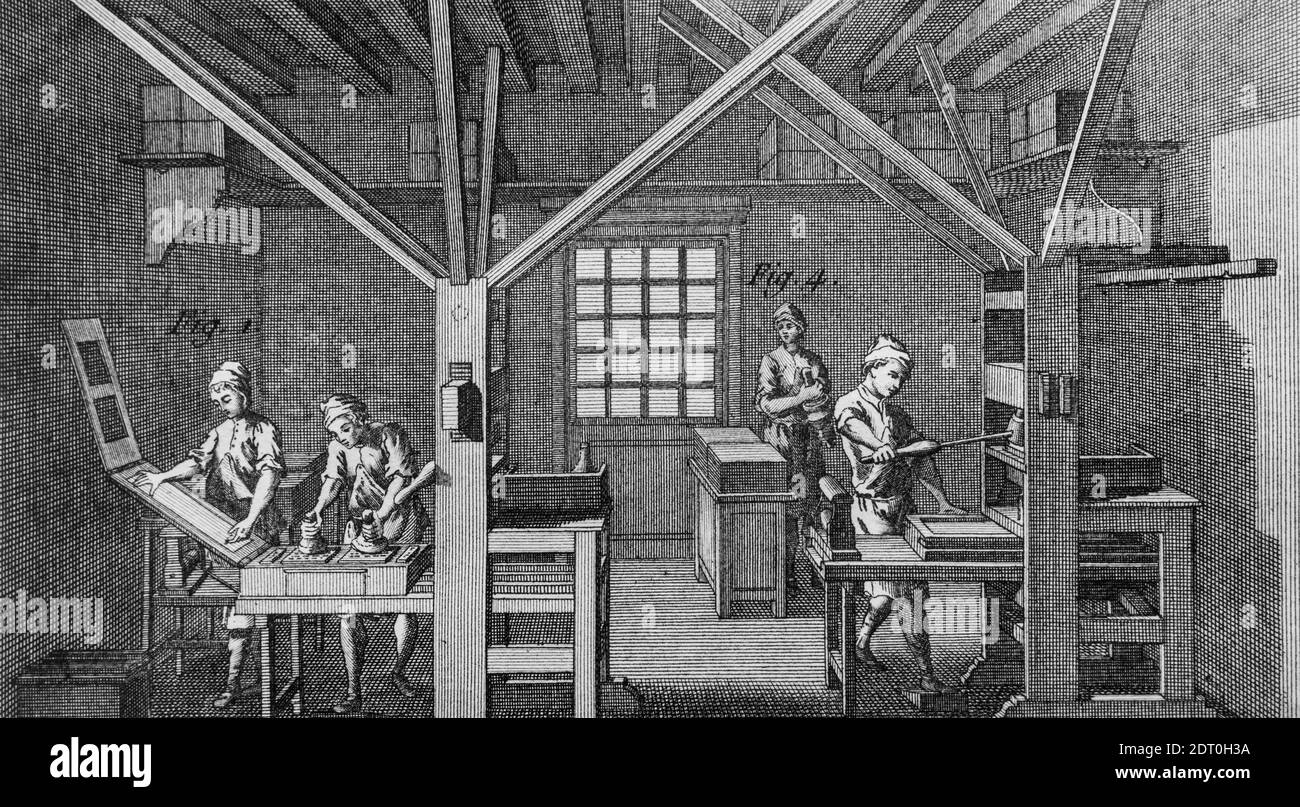 18th century printers working with wooden printing presses for relief printing in print shop / printing office Stock Photo