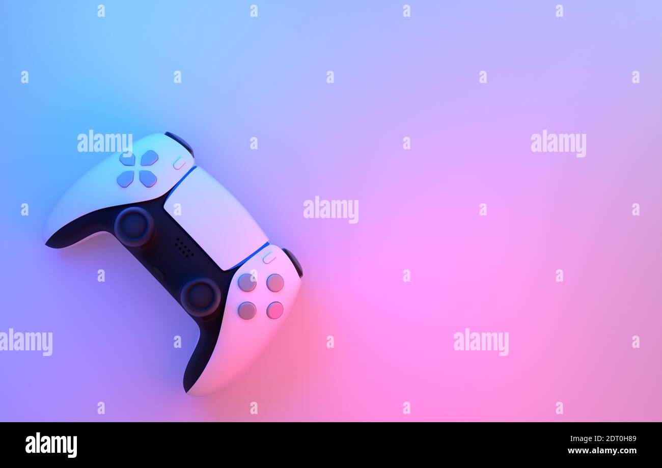 Realistic video game controller in neon lights on white table ...