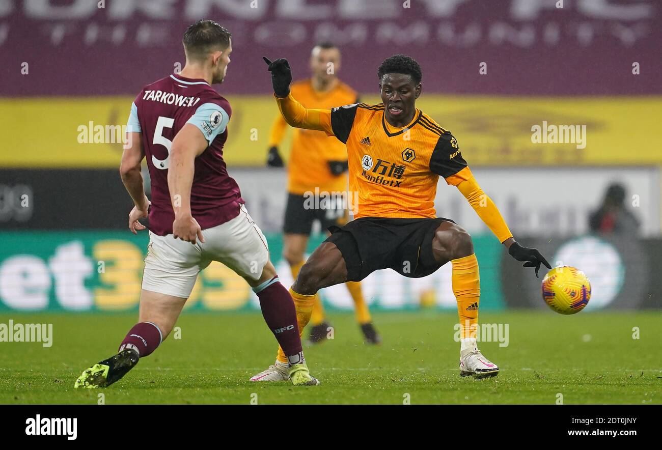 Burnley S James Tarkowski Left And Wolverhampton Wanderers Owen Otasowie Battle For The Ball During The Premier League Match At Turf Moor Burnley Stock Photo Alamy