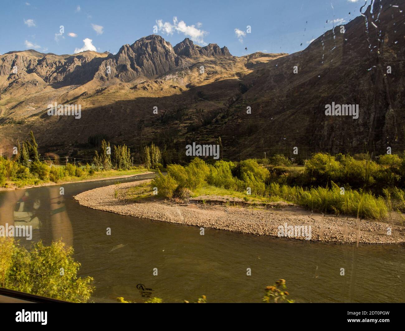 Urubamba River flowing in the Sacred Valley of Inca and view of the Andes, Peru, Cusco Province, South America. Stock Photo