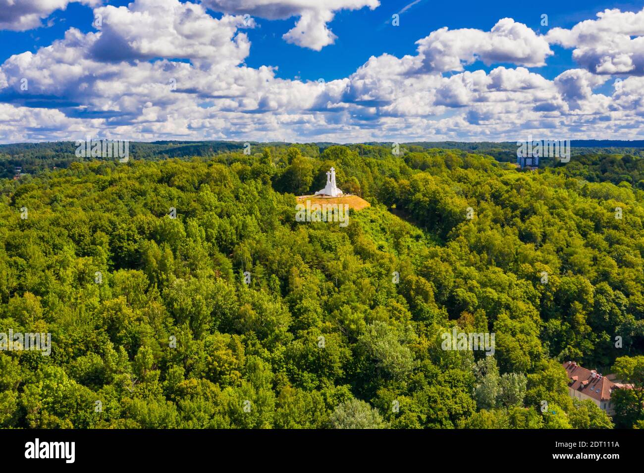 An aerial view of the Three Crosses monument in in Kalnai Park, Lithuania Stock Photo