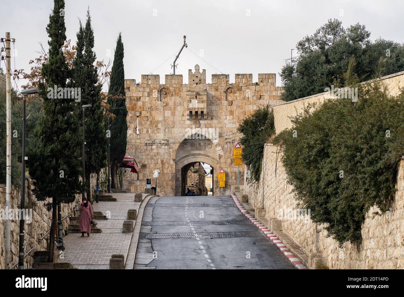 Jerusalem, Israel - December 17th, 2020: The 'Lions gate' in the walls of ancient Jerusalem, on an overcast day. Stock Photo