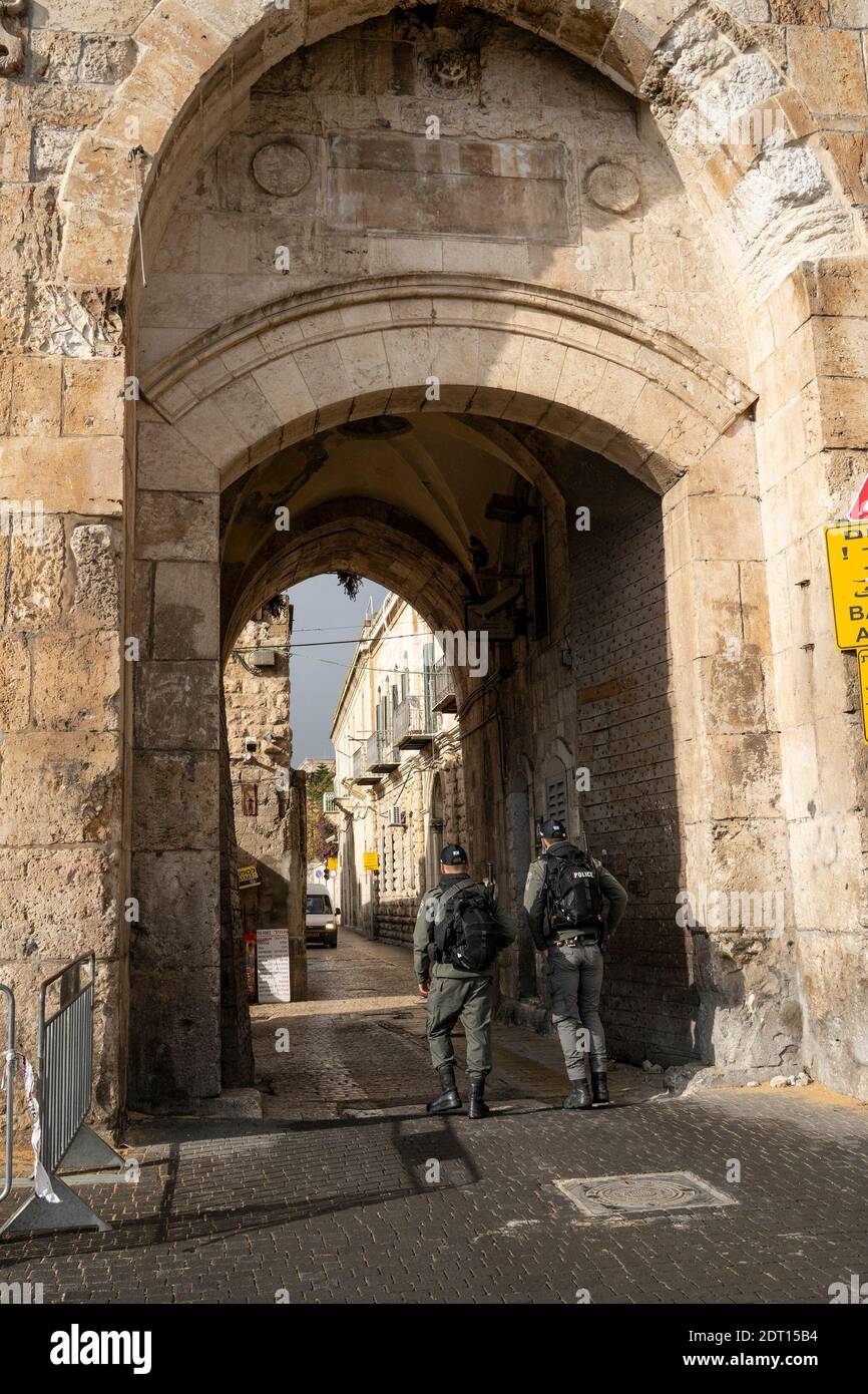 Jerusalem, Israel - December 17th, 2020: Two israeli border policemen, patrolling the streets of the old city of Jerusalem. Stock Photo
