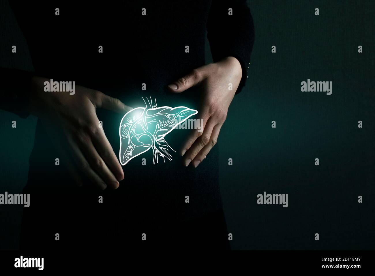 Illustration of liver detox with highlighted organ and contrast hands on dark background. Low key photo with copy space toned in dark green colors. Stock Photo