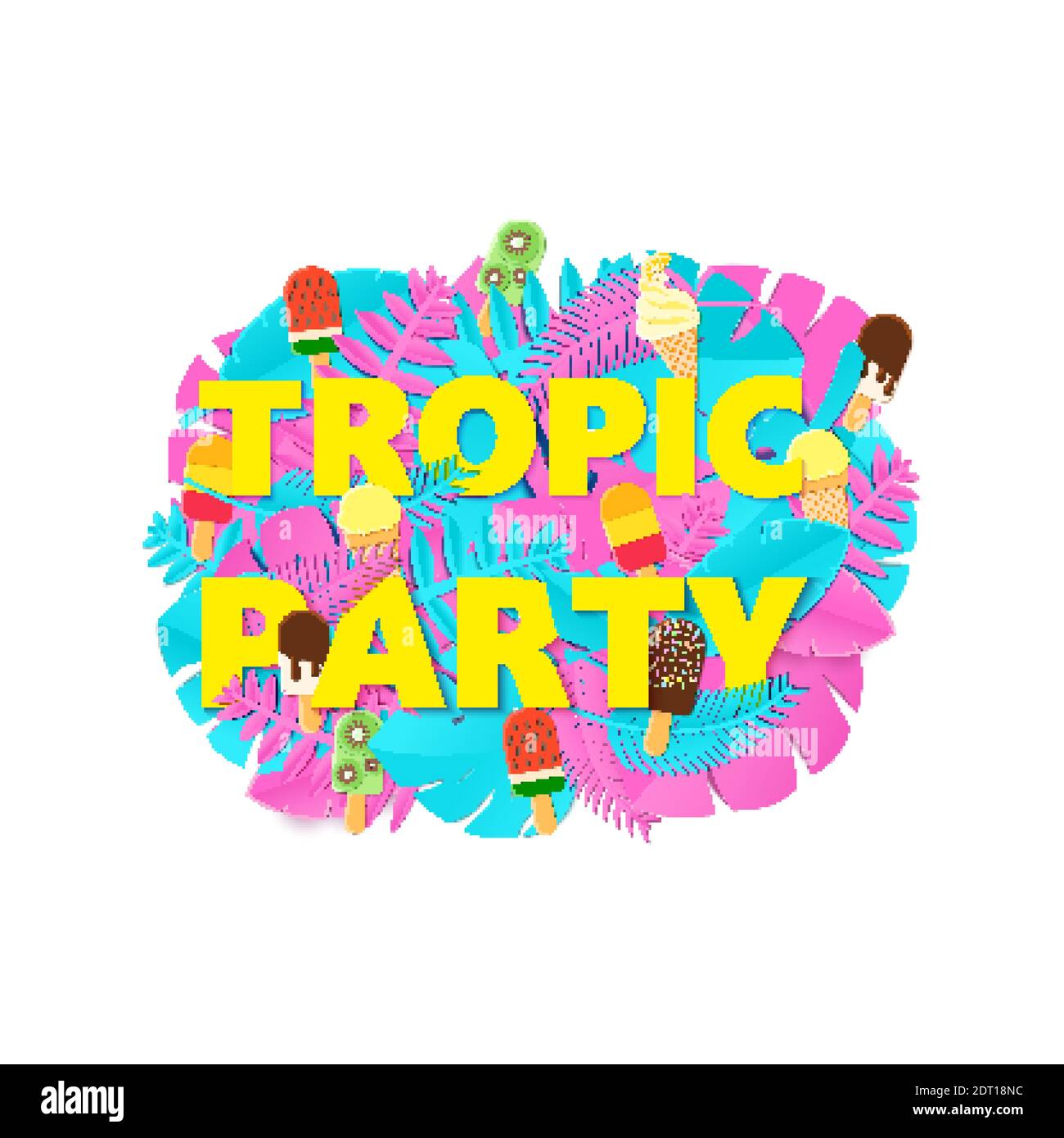 Words TROPIC PARTY composition with creative pink blue jungle leaves and ice cream on white background in paper cut style. Tropical leaf yellow Stock Vector