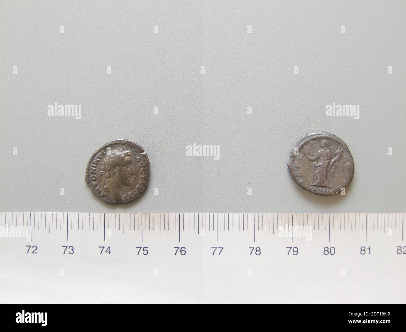 Ruler: Antoninus Pius, Emperor of Rome, A.D. 86–161, ruled A.D. 138–161, Mint: Rome, Denarius of Antoninus Pius, Emperor of Rome from Rome, A.D. 145–61, Silver, 2.82 g, 7:00, 17.7 mm, Made in Rome, Italy, Roman, 2nd century A.D., Numismatics Stock Photo