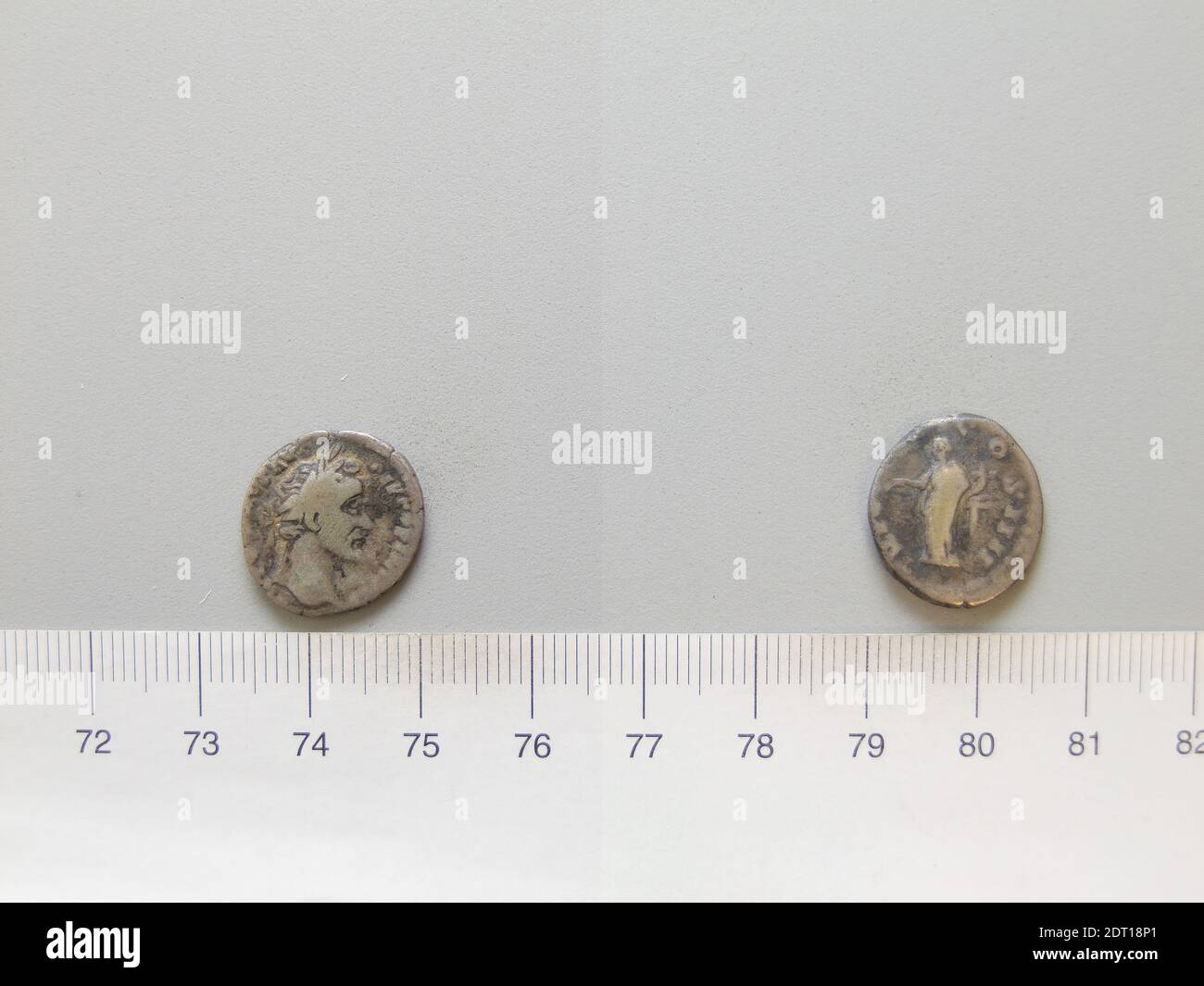 Ruler: Antoninus Pius, Emperor of Rome, A.D. 86–161, ruled A.D. 138–161, Mint: Rome, Denarius of Antoninus Pius, Emperor of Rome from Rome, A.D. 145–61, Silver, 3.155 g, 5:00, 17.1 mm, Made in Rome, Italy, Roman, 2nd century A.D., Numismatics Stock Photo