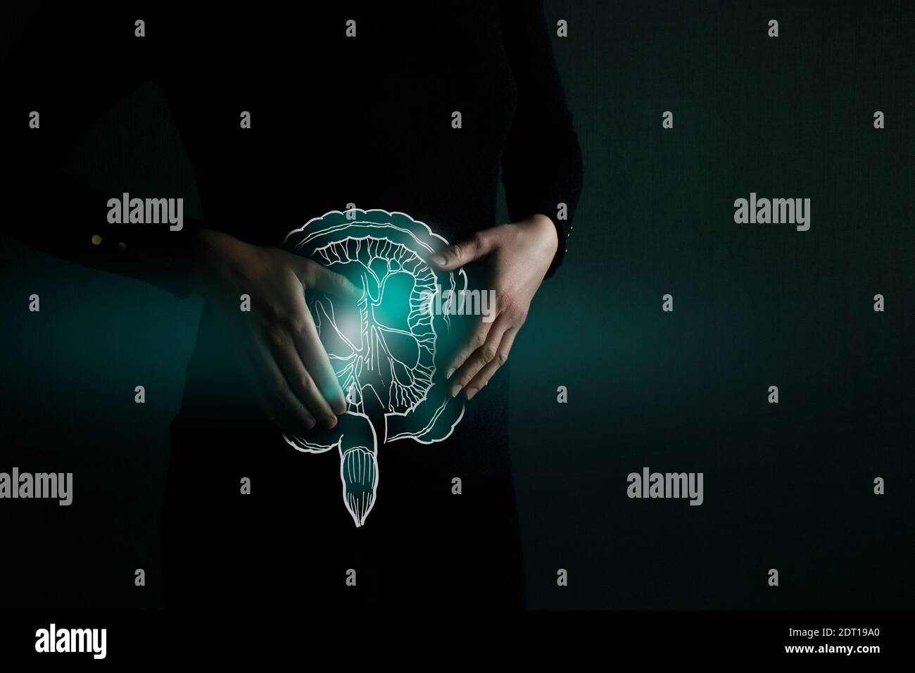 Highlighted intestine organ low key illustration. Woman body on dark green background. Immune system detox, probiotic and enzymes concept. Stock Photo