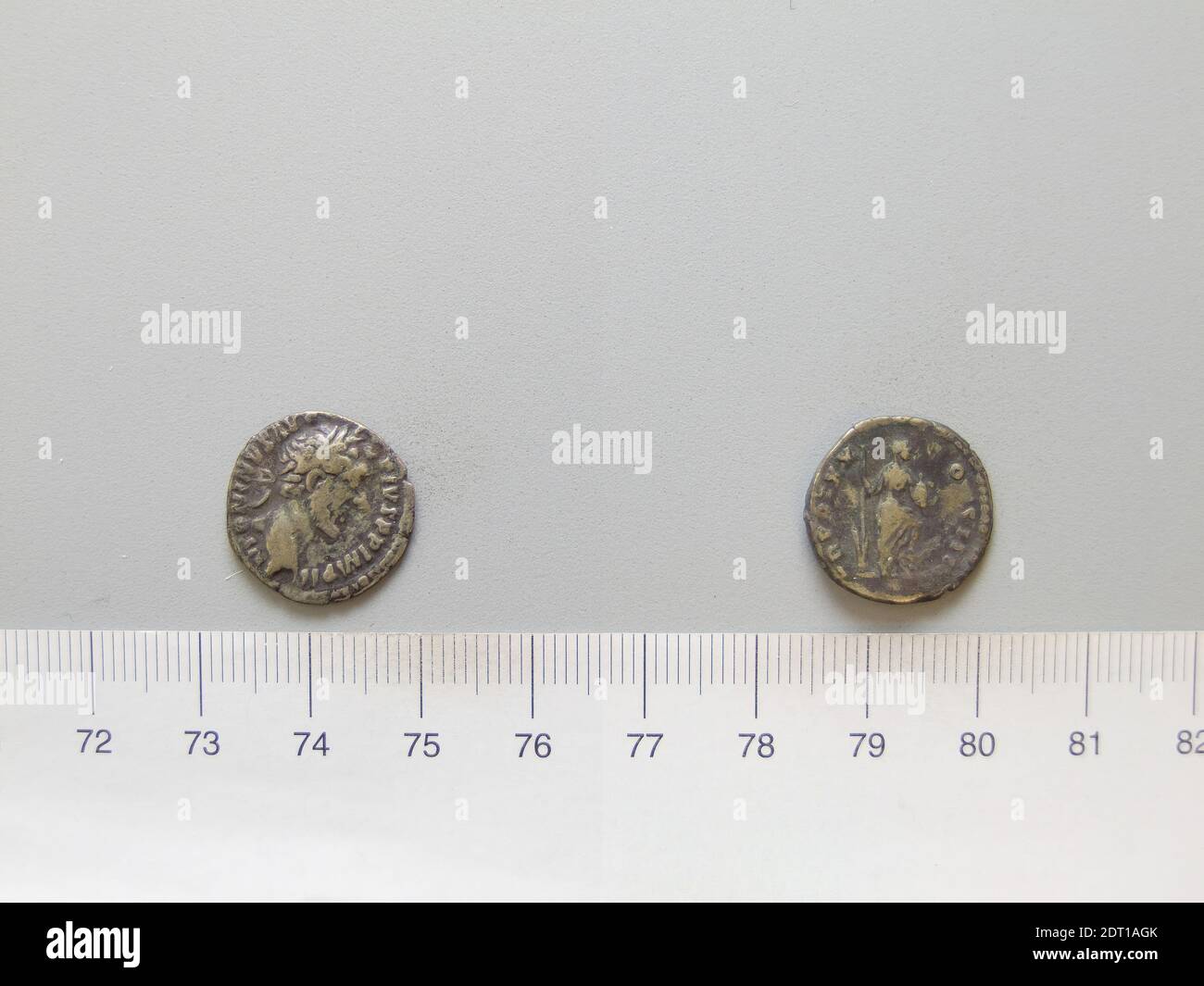 Ruler: Antoninus Pius, Emperor of Rome, A.D. 86–161, ruled A.D. 138–161, Mint: Rome, Denarius of Antoninus Pius, Emperor of Rome from Rome, A.D. 156–57, Silver, 2.76 g, 6:00, 16.7 mm, Made in Rome, Italy, Roman, 2nd century A.D., Numismatics Stock Photo
