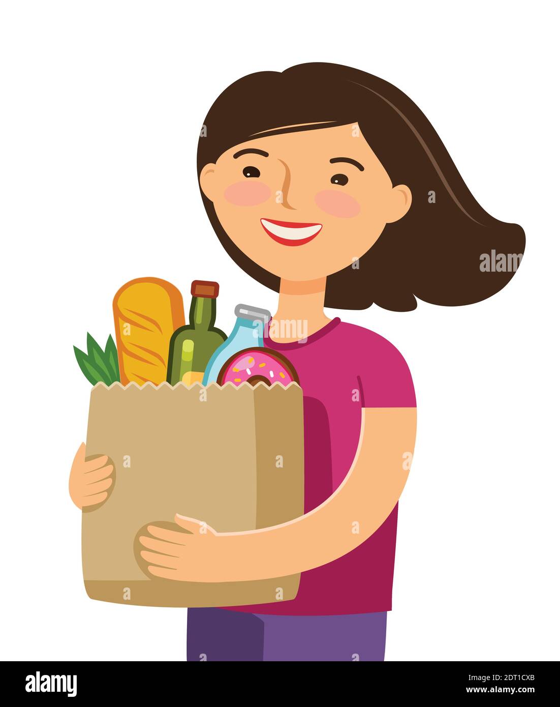 Sale of food. Girl holding paper bag with foodstuffs Stock Vector