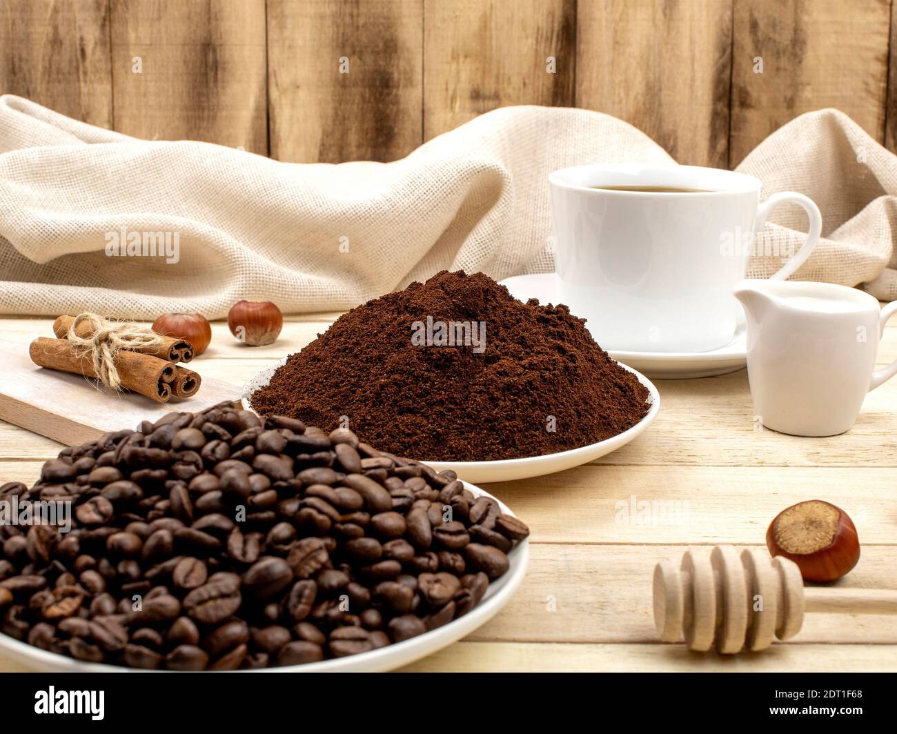 Three stages of preparation of ground coffee, grain, drink. Coffee ingredients. Roasted coffee