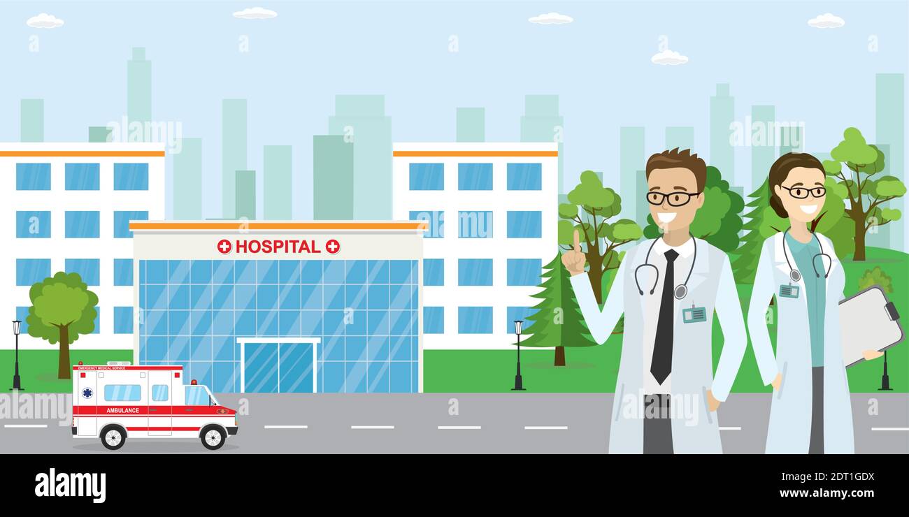 Modern Hospital building,ambulance car,couple of male and female doctors,park near,silhouette of city buildings on the background,flat vector illustra Stock Vector