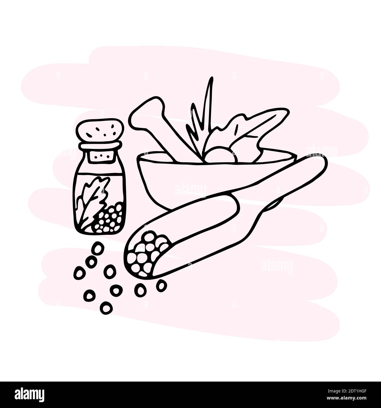 Attributes of alternative medicine. Mortar with pestle for grinding ingredients. A bottle of medicine and pills. Doodle Stock Vector
