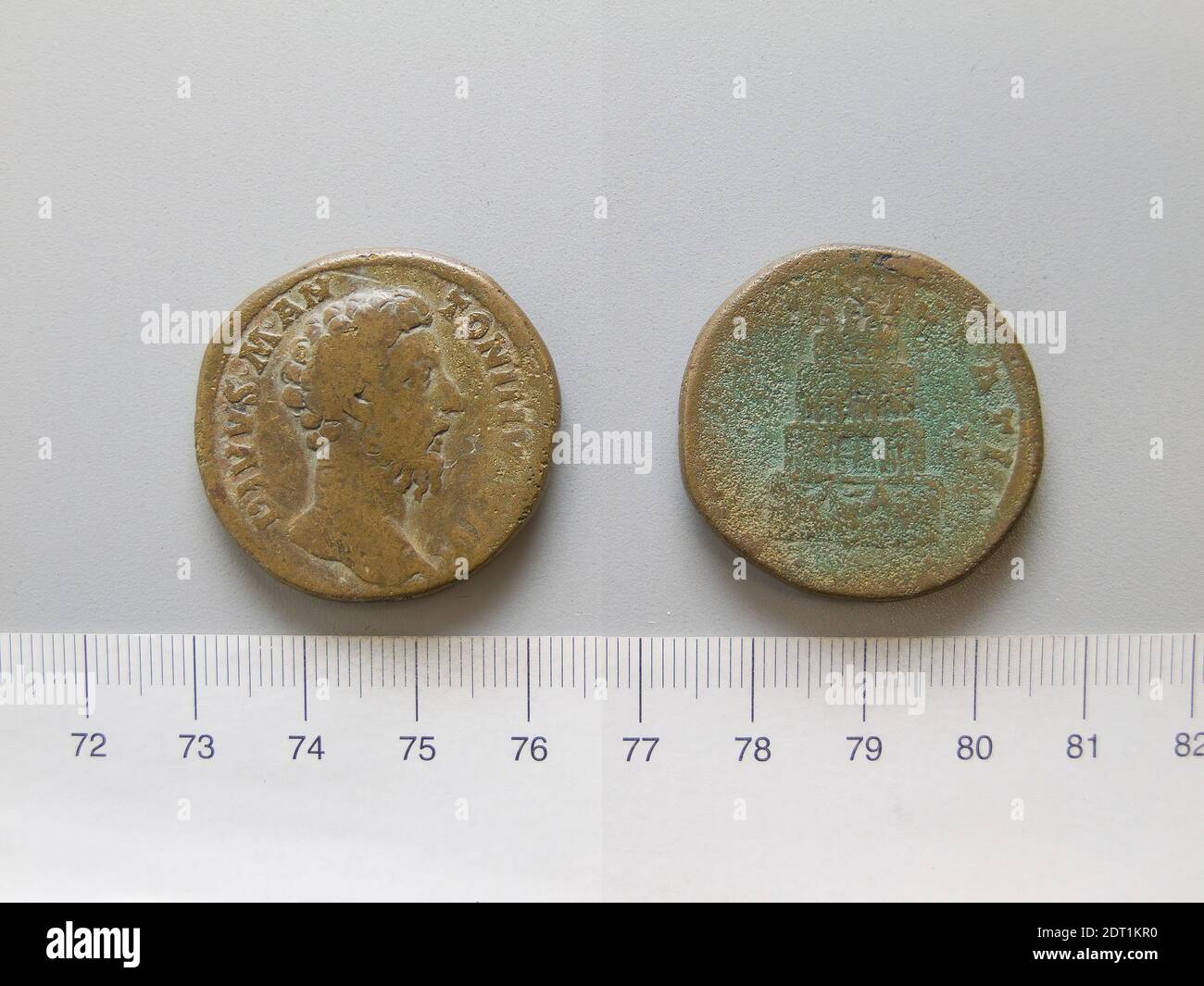 Ruler: Commodus, Emperor of Rome, A.D. 161–192, ruled 180–92, Mint: Rome, Honorand: Marcus Aurelius, Emperor of Rome, A.D. 121–180, ruled  A.D. 161–80, Sestertius of Commodus, Emperor of Rome from Rome, 180, Orichalcum, 26.23 g, 6:00, 32.8 mm, Made in Rome, Italy, Roman, 2nd century, Numismatics Stock Photo