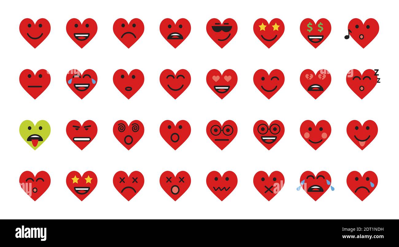 Heart smile set vector cartoon emoticons icon. Chat comment icon reactions template: smile, sad, like, love, care, face tear, loll, wow or angry emoji Stock Vector