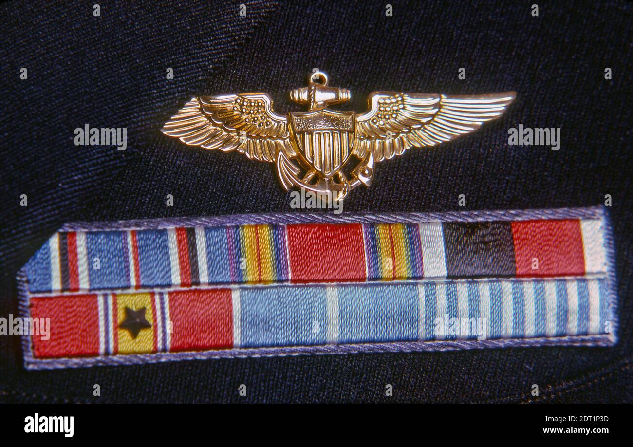 US Navy and Marine Aviator/Pilots wings  with battle ribbons. Stock Photo