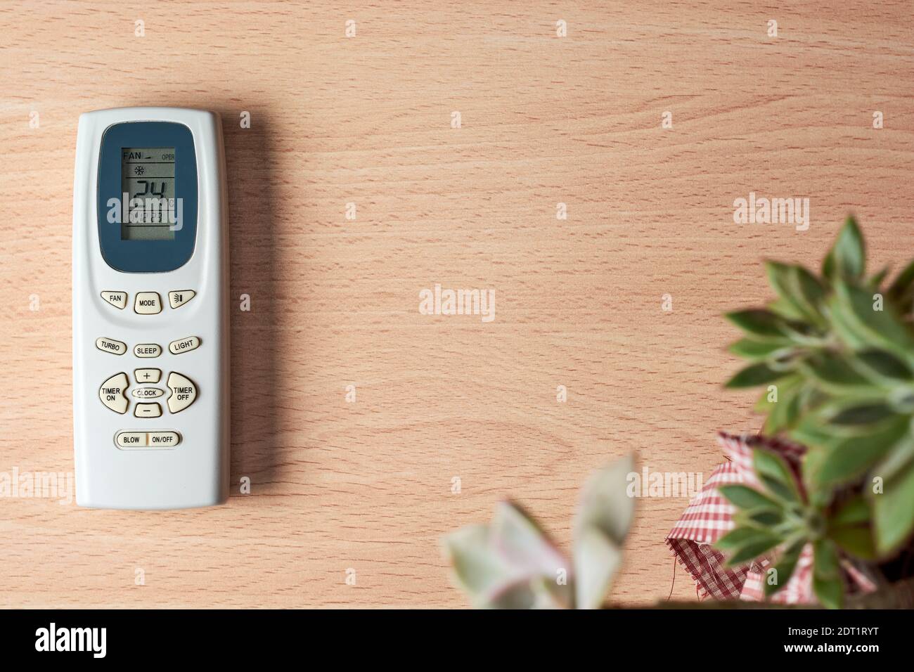 Air conditioner remote set at 24 degrees celsius on wooden desk with succulent plants. Concept of energy saving and environmental protection. Copy spa Stock Photo