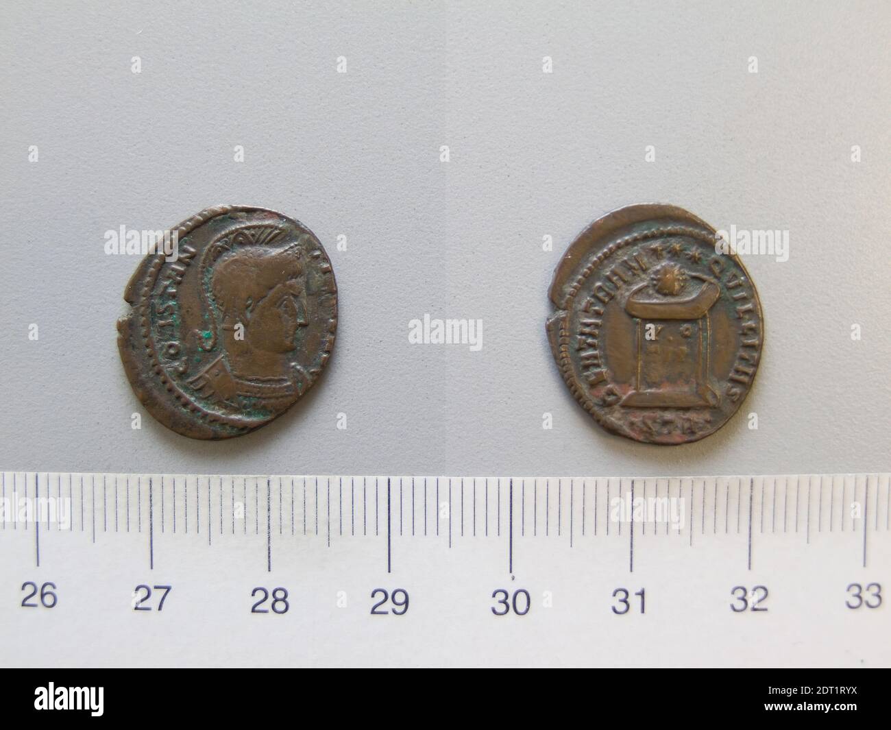 Ruler: Constantine I, Emperor of Rome, A.D. 285–337, ruled A.D. 306–337, Mint: Trier, 1 Nummus of Constantine I, Emperor of Rome from Trier, 321–24, Argentiferous bronze, 2.57 g, 6:00, 19.9 mm, Made in Trier, Gallia Belgica, Roman, 4th century, Numismatics Stock Photo