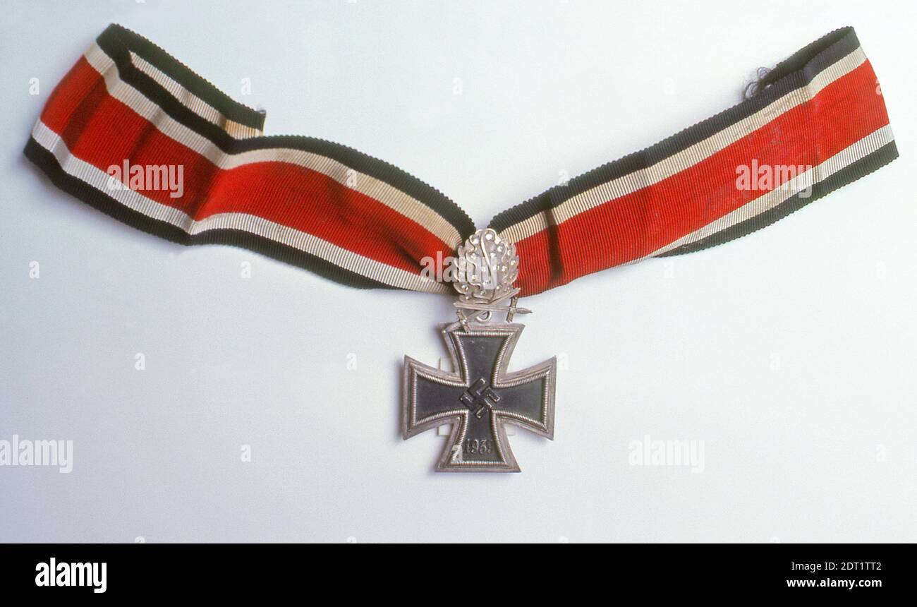WWII German Knights Cross of the Iron Cross with Oak Leaves, sword, and diamonds.  Only 27 were awarded. Stock Photo