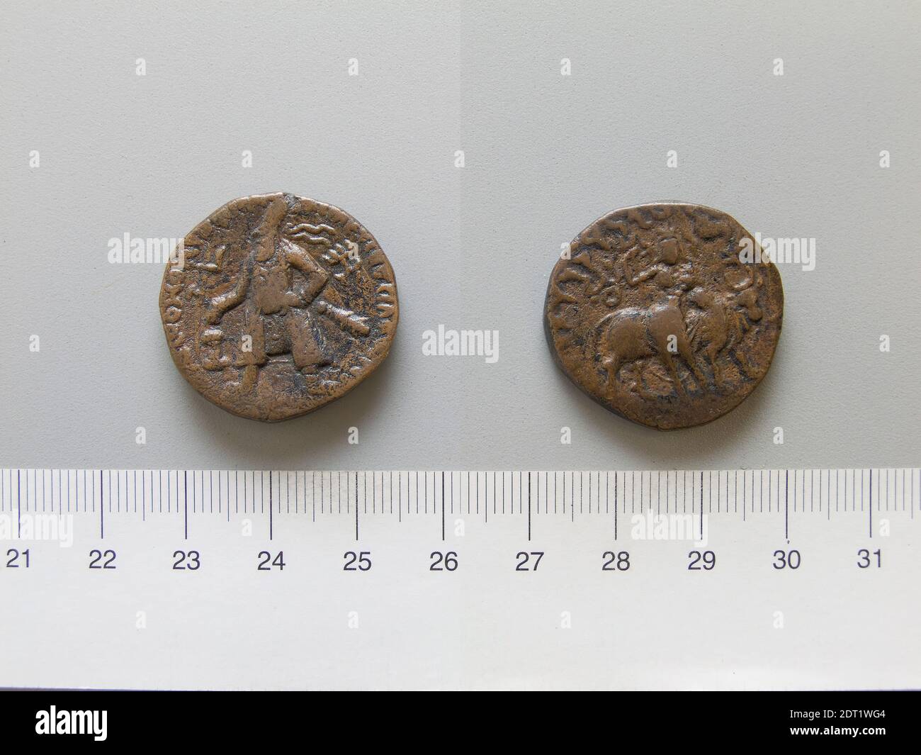 Ruler: Vima Kadphises IIMint: India, Coin of Vima Kadphises II from India, 90–100, Copper, 17.00 g, 12:00, 27.3 mm, Made in India, Indian, 1st century, Numismatics Stock Photo