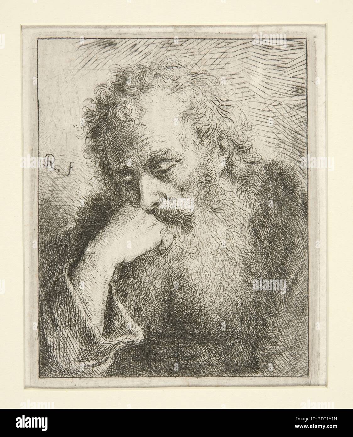 Etcher: Unknown, Artist, style of: Rembrandt (Rembrandt van Rijn), Dutch, 1606–1669, Old Man with Long Flowing Beard Resting Head on Hand, Etching, platemark: 9.1 × 7.3 cm (3 9/16 × 2 7/8 in.), Made in The Netherlands, Dutch, 17th century, Works on Paper - Prints Stock Photo