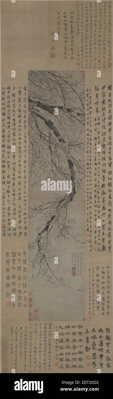 Artist: Wang Mian, Chinese, died 1359, Ink Plum, ca. 1350s, Hanging scroll: ink on paper; with ivory rollers, without mounting: 45 3/16 × 10 1/4 in. (114.8 × 26 cm), The plum, blooming in isolation at the end of winter when it is still often surrounded by snow, became a symbol of regeneration and of endurance under adversity. Paintings of plums executed in ink only developed as a genre of painting, particularly associated with scholars and scholar painting, during the late Northern Song period at the end of the eleventh and beginning of the twelfth century. The literary and pictorial Stock Photo
