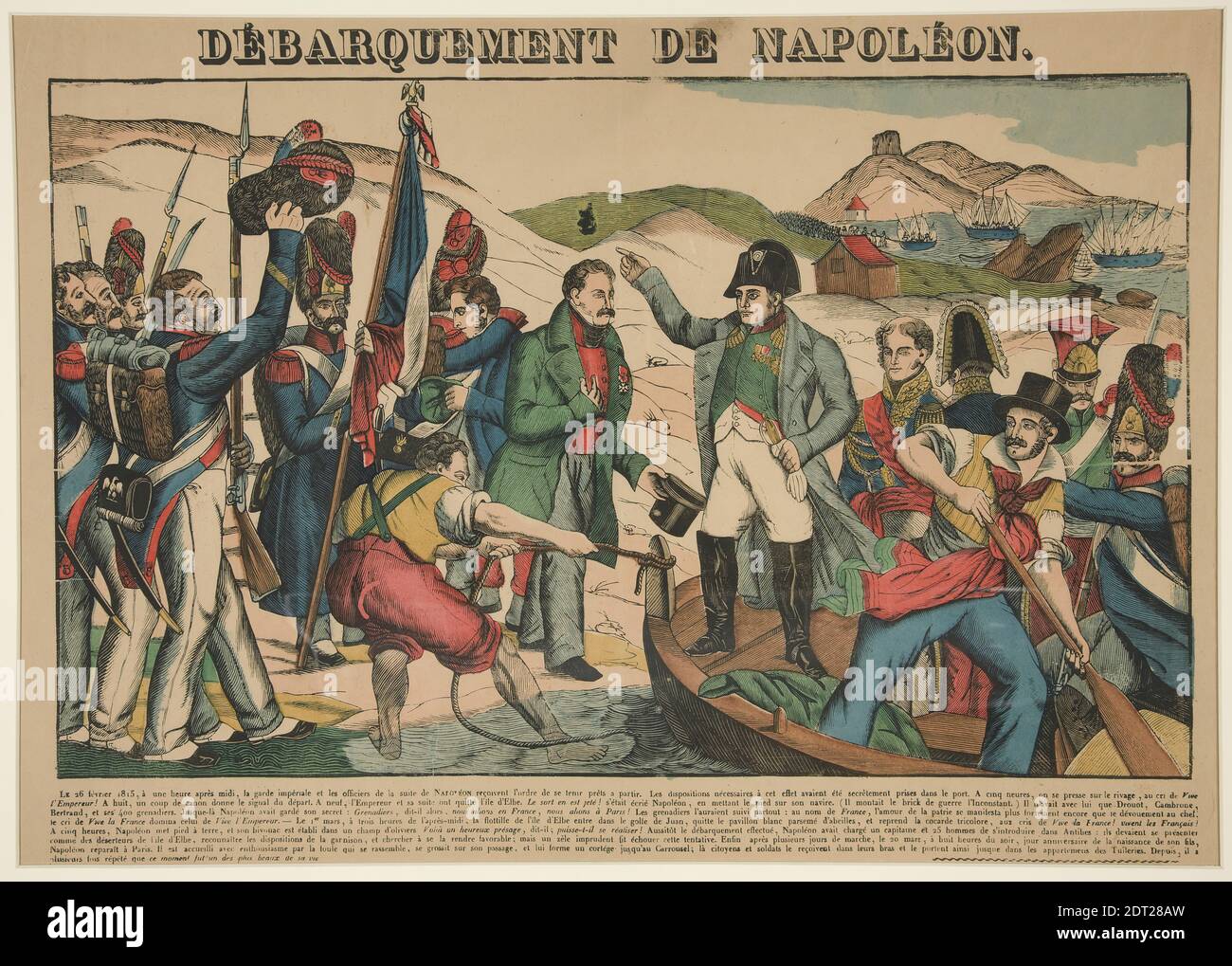 Artist: François Georgin, French, 1801–1863, Débarquement de Napoléon, Colored wood engraving, sheet: 31.7 × 51.3 cm (12 1/2 × 20 3/16 in.), French, 19th century, Works on Paper - Prints Stock Photo