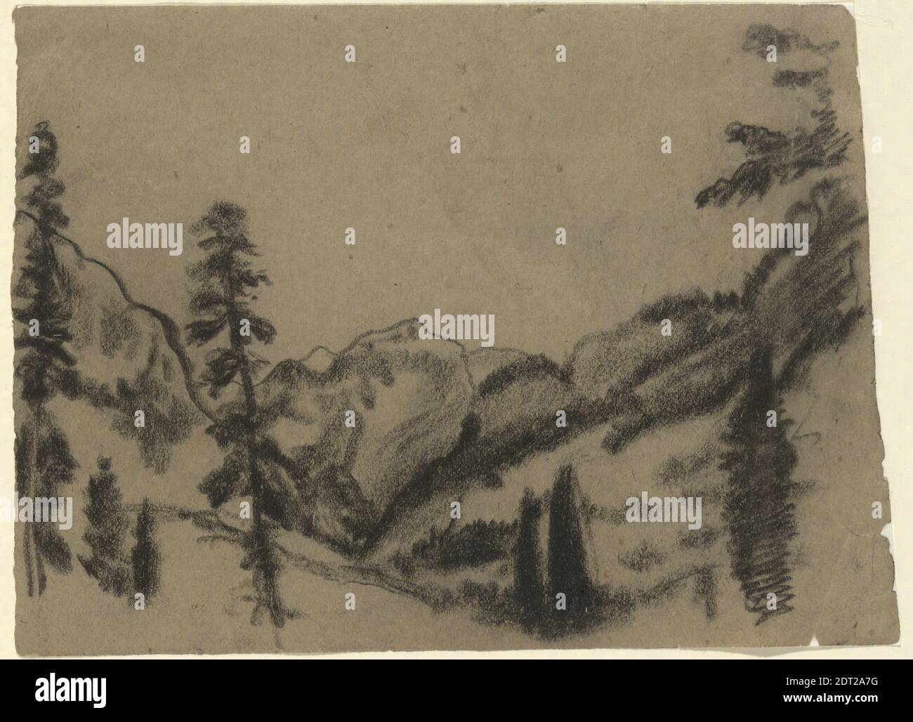 Artist: Arthur B. Davies, American, 1862–1928, Mountain Landscape with Fir Trees, Black chalk on tan paper, 11.4 × 15.9 cm (4 1/2 × 6 1/4 in.), Made in United States, American, 19th century, Works on Paper - Drawings and Watercolors Stock Photo
