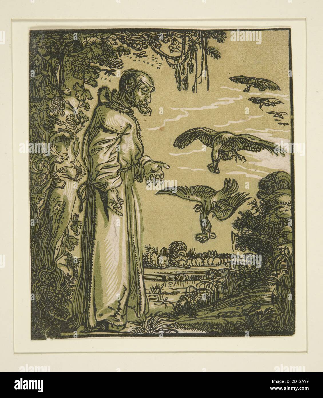 Artist: Willem Pietersz. Buytewech, Dutch, 1590/91–1624, St. Paul the Hermit (Elijah) Fed by the Ravens, Chiaroscuro woodcut, line block and two tone blocks (green/green), block: 14.9 × 12.7 cm (5 7/8 × 5 in.), Made in The Netherlands, Dutch, 16th century, Works on Paper - Prints Stock Photo
