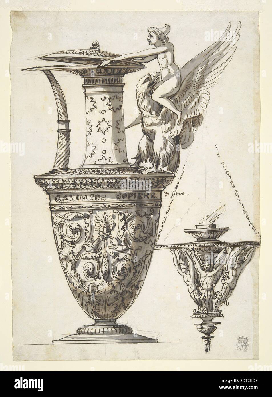 Artist: Antonio Basoli, Italian, 1774–1843, Design for an Elaborate Pitcher and Chandelier, ca. 1800, Pen and brown ink over graphite, with grey wash, 26.8 × 18.9 cm (10 9/16 × 7 7/16 in.), Italian, 19th century, Works on Paper - Drawings and Watercolors Stock Photo