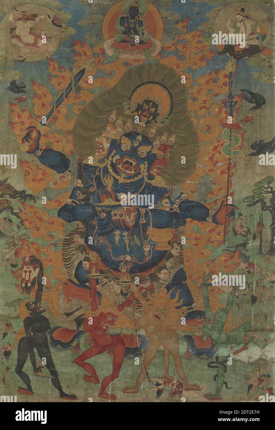 Four-Faced Wrathful Protector Mahakala as Chaturmukha Mahakala, 19th century, Tangka, ink and color on cloth, Further research needed, Mahakala is an emanation of Manjushri, the Bodhisattva of Spiritual Wisdom. He is often shown with four faces in different colors, four arms, and two legs, and he wears a belt of human heads and a tiger skin. The four women dancing in the foreground represent dakinis, heavenly women who may act as muses for spiritual attainment. Here, their ungainly appearances and gruesome actions are meant to spur a state of greater consciousness Stock Photo