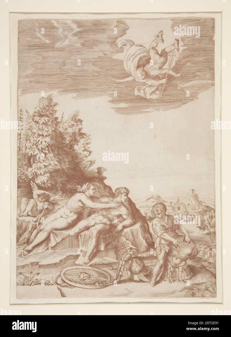 Engraver: Giulio di Antonio Bonasone, Italian, ca. 1510–after 1576, Calypso attempting to detain Ulysses, mid 16th century, Engraving, printed in red-brown ink, image: 21.5 × 30 cm (8 7/16 × 11 13/16 in.), Made in Italy, Italian, 16th century, Works on Paper - Prints Stock Photo