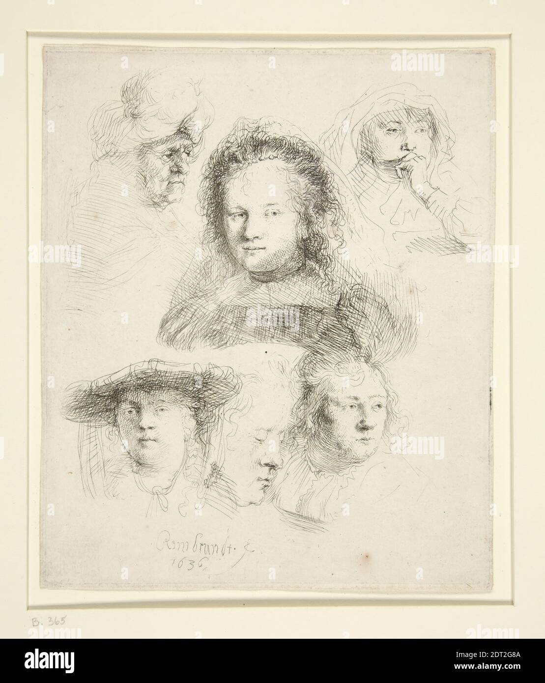 Artist: Rembrandt (Rembrandt van Rijn), Dutch, 1606–1669, Studies of the Head of Saskia and Others, Etching, 15.1 × 12.6 cm (5 15/16 × 4 15/16 in.), Made in The Netherlands, Dutch, 17th century, Works on Paper - Prints Stock Photo