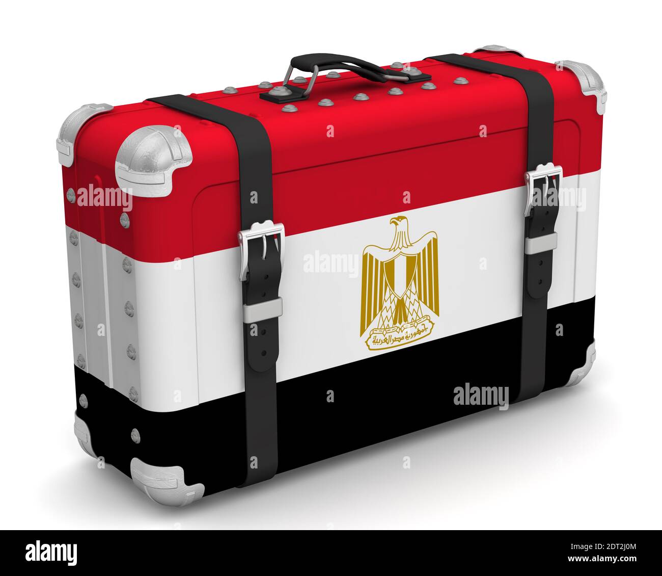 Stylish suitcase with the national Flag of Eqypt. Retro suitcase with the national Flag of Eqypt stands on a white surface. 3D illustration Stock Photo