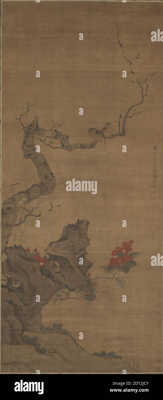 Artist: Shen Wuji, Chinese, ca. 1620–1660, Red Camellia, Plum, Bamboo, and Wild Birds, mid-17th century, Hanging scroll: ink and color on silk, without mounting: 62 3/16 × 26 15/16 in. (158 × 68.5 cm), B. D. G. Leviton Foundation, China, Chinese, Late Ming dynasty (1368–1644) or early Qing dynasty (1644–1911), Paintings Stock Photo