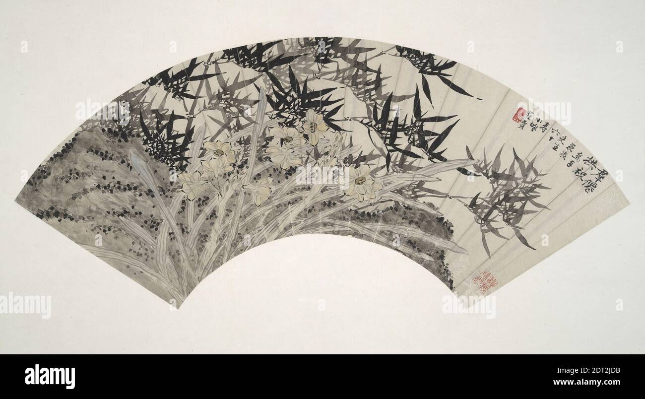 Artist: Luo Yunzuan, Narcissus, Bamboo and Rock, 18th century, Fan mounted as an album leaf: ink and color on paper, without mounting: 6 1/2 × 20 1/2 in. (16.5 × 52.1 cm), China, Chinese, Qing dynasty (1644–1911), Paintings Stock Photo