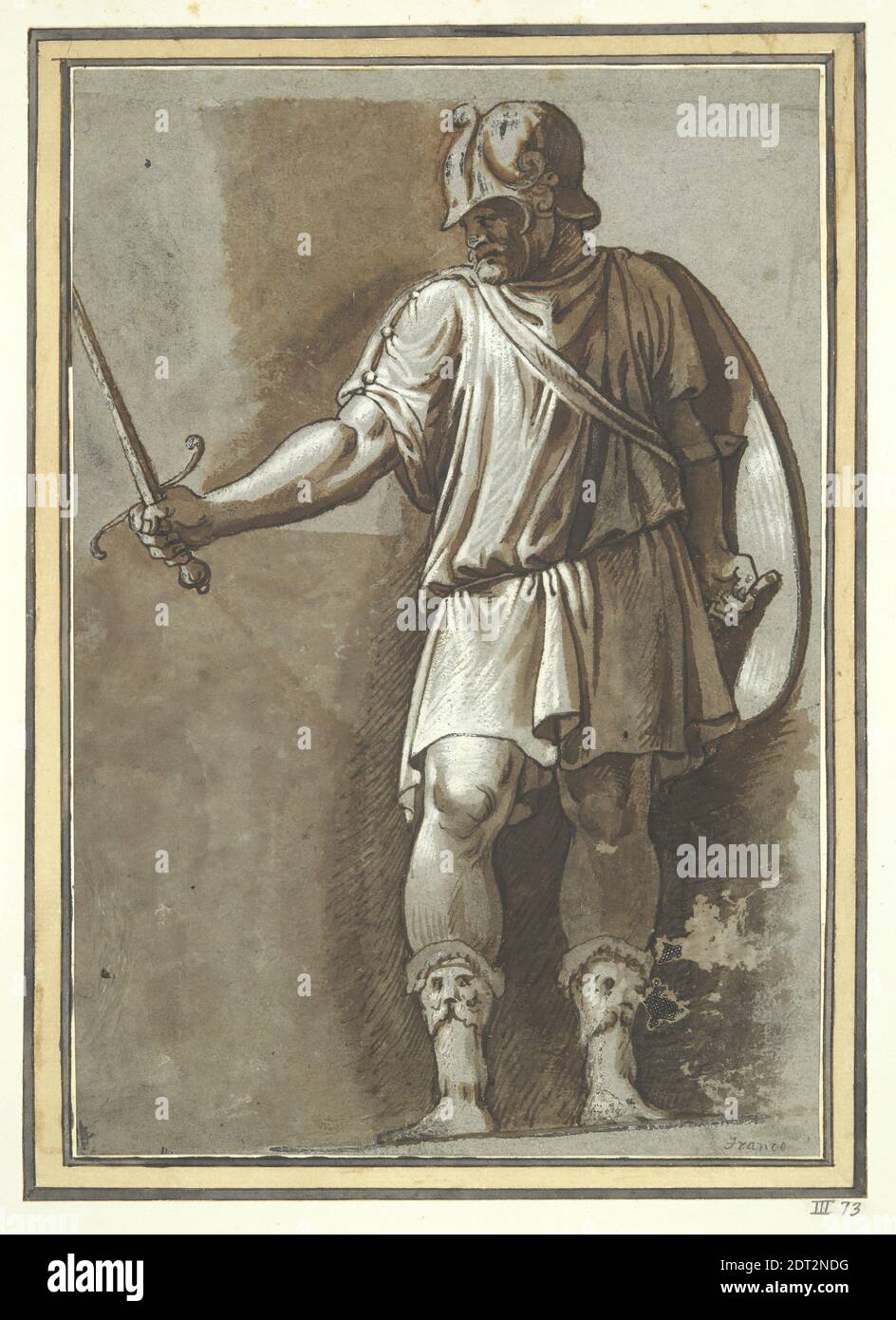 After: Polidoro da Caravaggio, Italian, ca. 1499–ca. 1543, Standing Warrior, from Polidoro’s Mucius Scaevola  frieze at Palazzo Ricci, Rome, Pen and brush and brown ink and brown wash, heightened with white (partly oxidized) on blue paper, Sheet: 25.6 × 17.6 cm (10 1/16 × 6 15/16 in.), Made in Italy, Italian, 16th century, Works on Paper - Drawings and Watercolors Stock Photo