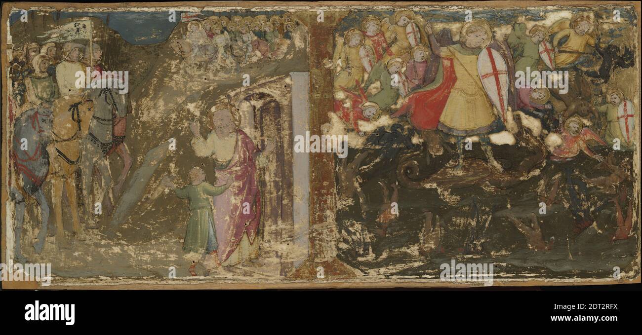 Artist, attributed to: Lippo d’ Andrea, Italian, Florence, ca. 1370–before 1451, A Legendary Subject and Saint Michael Fighting the Demon, ca. 1390, Tempera and gold on panel, 31 × 70.2 × 2.5 cm (12 3/16 × 27 5/8 × 1 in.), Made in Florence, Italy, Italian, Florence, 14th century, Paintings Stock Photo
