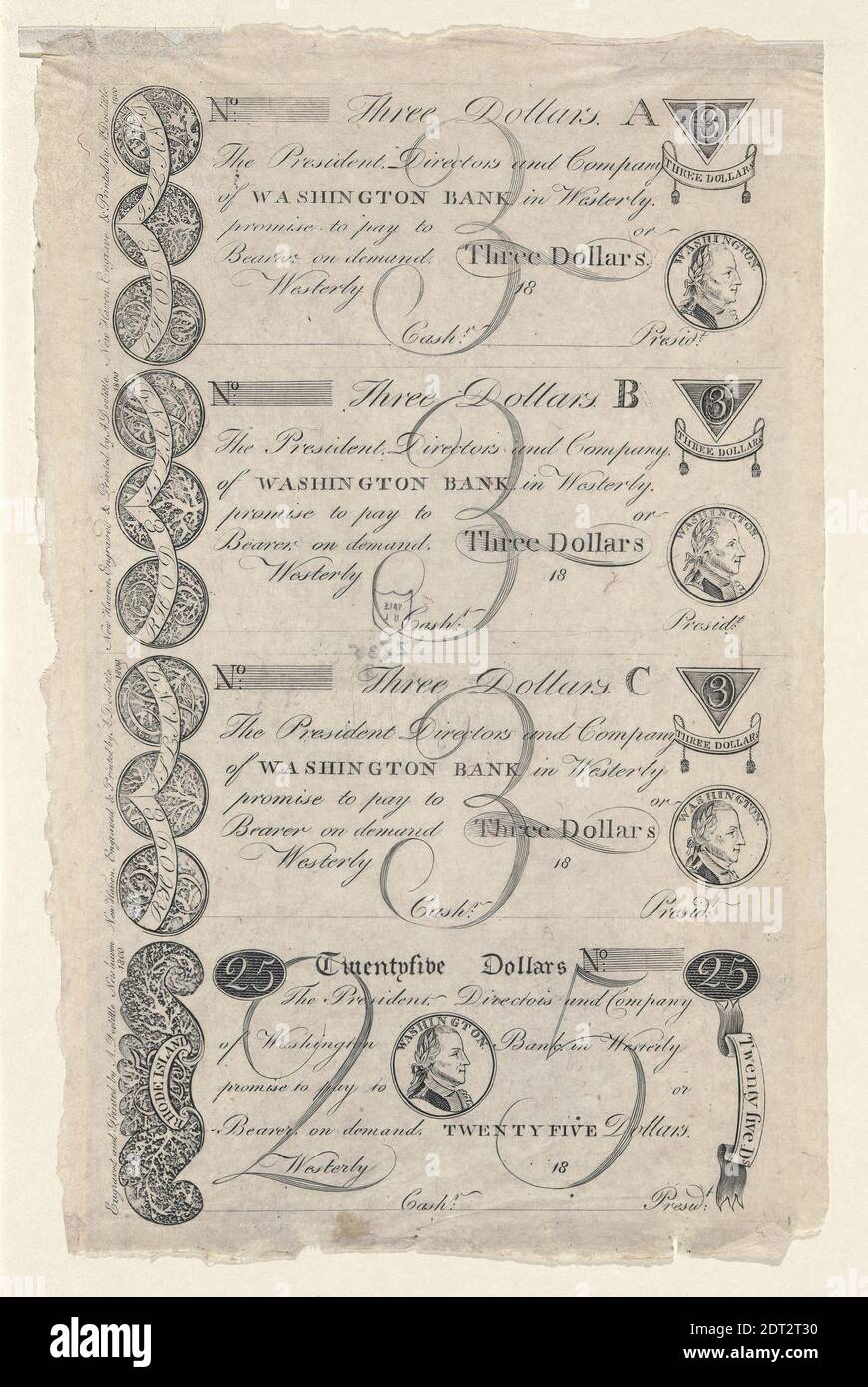 Artist: Amos Doolittle, American, 1754–1832, Uncut sheet of four notes of paper currency for Washington Bank, Westerly, Rhode Island, Engraving, 32.3 × 20.7 cm (12 11/16 × 8 1/8 in.), Made in United States, American, 18th century, Works on Paper - Prints Stock Photo