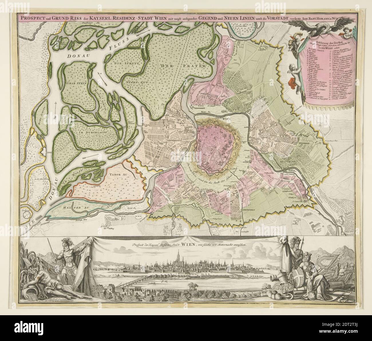 Artist: Johann-Baptista Homann, German, 1664–1724, Map of Vienna, ca. 1702, Colored engraving, platemark: 48.6 × 57.7 cm (19 1/8 × 22 11/16 in.), Made in Germany, German, 17th century, Works on Paper - Prints Stock Photo