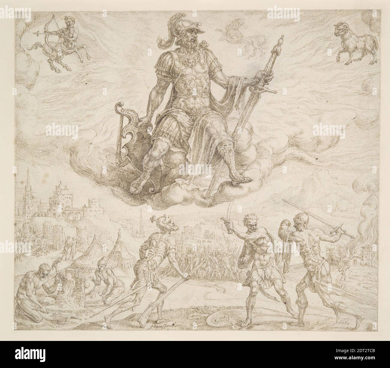 Artist: Maerten van Heemskerck, Dutch, 1498–1574, Mars, the Choleric Temperament, Pen and brown ink, traced for transfer, sheet: 21 × 24 cm (8 1/4 × 9 7/16 in.), Made in The Netherlands, Dutch, 16th century, Works on Paper - Drawings and Watercolors Stock Photo