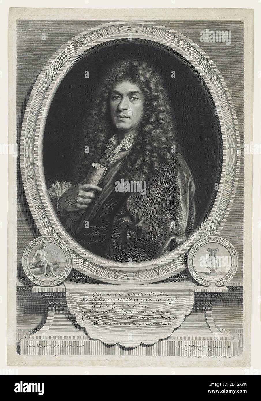 Engraver: Jean Louis Roullet, French, 1645–1699, After: Paul Mignard,  French, 1639–1691, Portrait of Jean-Baptiste Lully (1632-1687), Engraving,  platemark: 51.5 × 34.9 cm (20 1/4 × 13 3/4 in.), Made in France, French,  17th century, Works on Paper ...