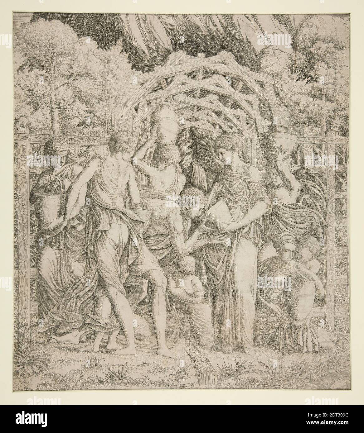 After: Francesco Primaticcio, Italian, 1504–1570, A Youth Drinking Water offered by a Woman, Etching, touched up with burin, platemark: 35.8 × 32 cm (14 1/8 × 12 5/8 in.), French, 16th century, Works on Paper - Prints Stock Photo