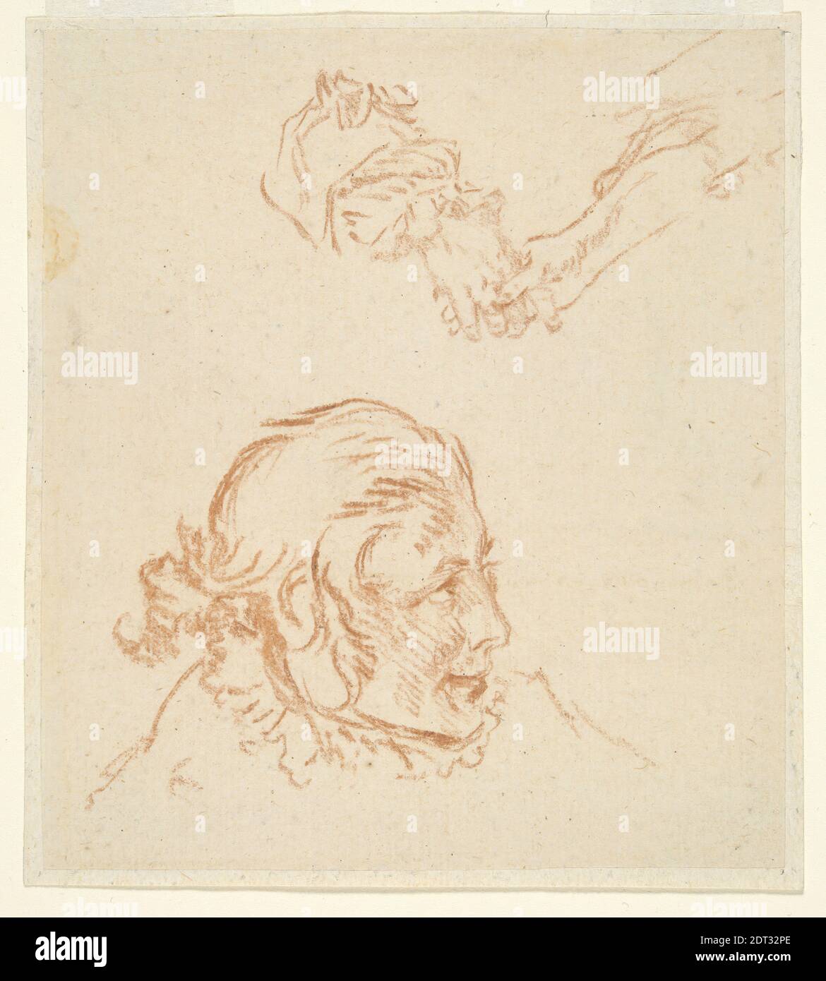 Artist: Nicolas Lancret, French, 1690–1743, Two studies: Portrait of an Actor and Study of Hands, Counterproof from red chalk drawing, sheet: 14 × 12.6 cm (5 1/2 × 4 15/16 in.), Made in France, French, 18th century, Works on Paper - Drawings and Watercolors Stock Photo