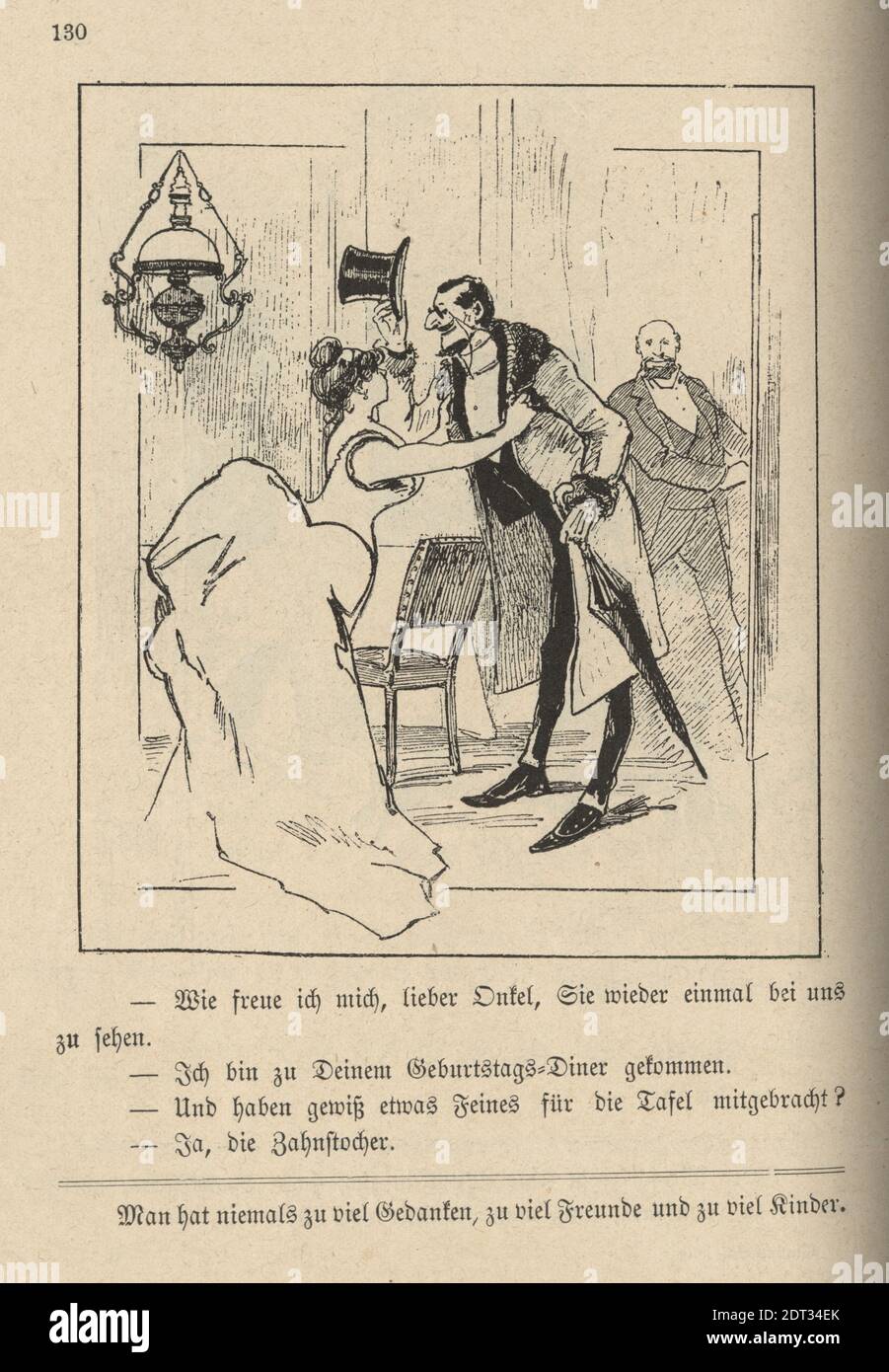 Victorian German cartoon of a Woman greeting a man at a dinner party, 19th  Century. How happy I am, dear Ontel, to have you with us once again to see  Stock Photo -