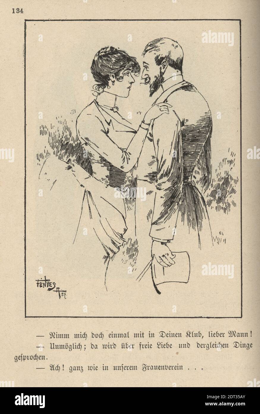 Victorian German cartoon of a Young couplein love, free love, 19th Century. Take me to your club with you, dear man! Impossible ; there is about free Stock Photo