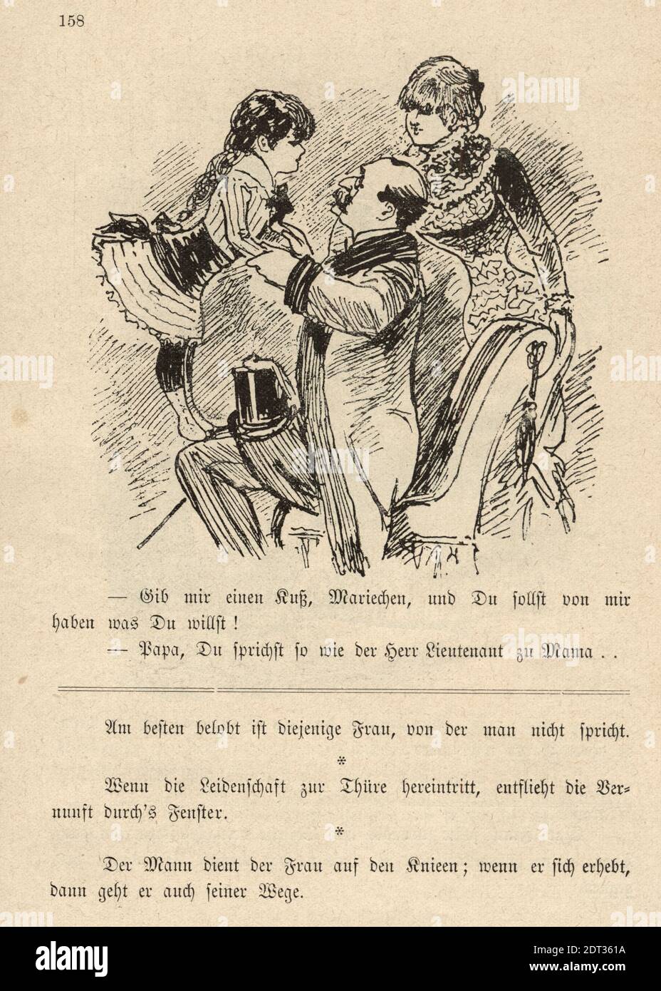Victorian German cartoon of a Father with his daughter standing on his knees, 19th Century. Give me a kiss, Mariechen, and you will yell for me have w Stock Photo